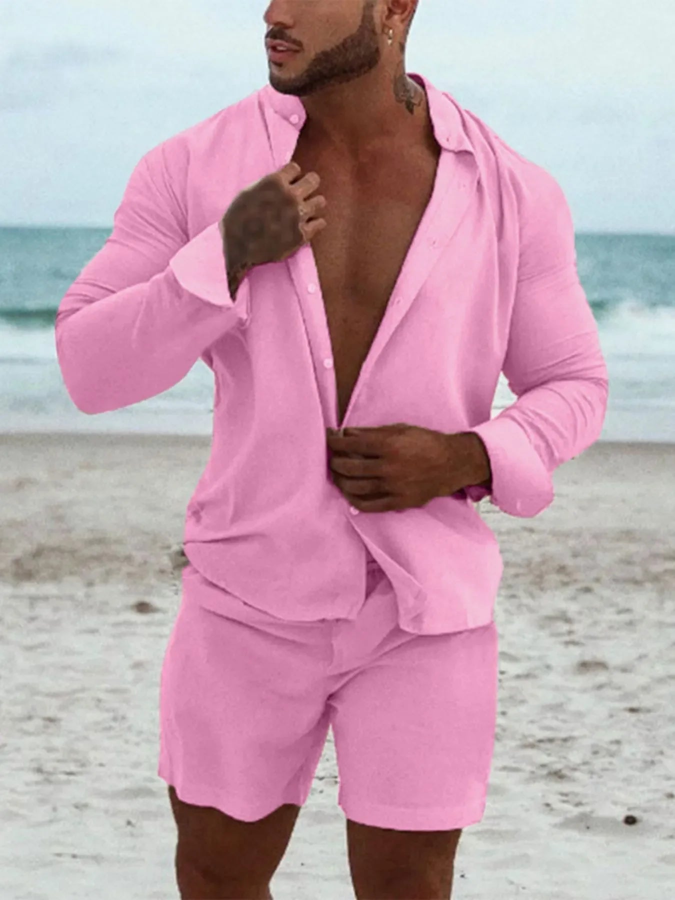 Men's Full Size Button Up Long Sleeve Shirt and Shorts Set Plus Size