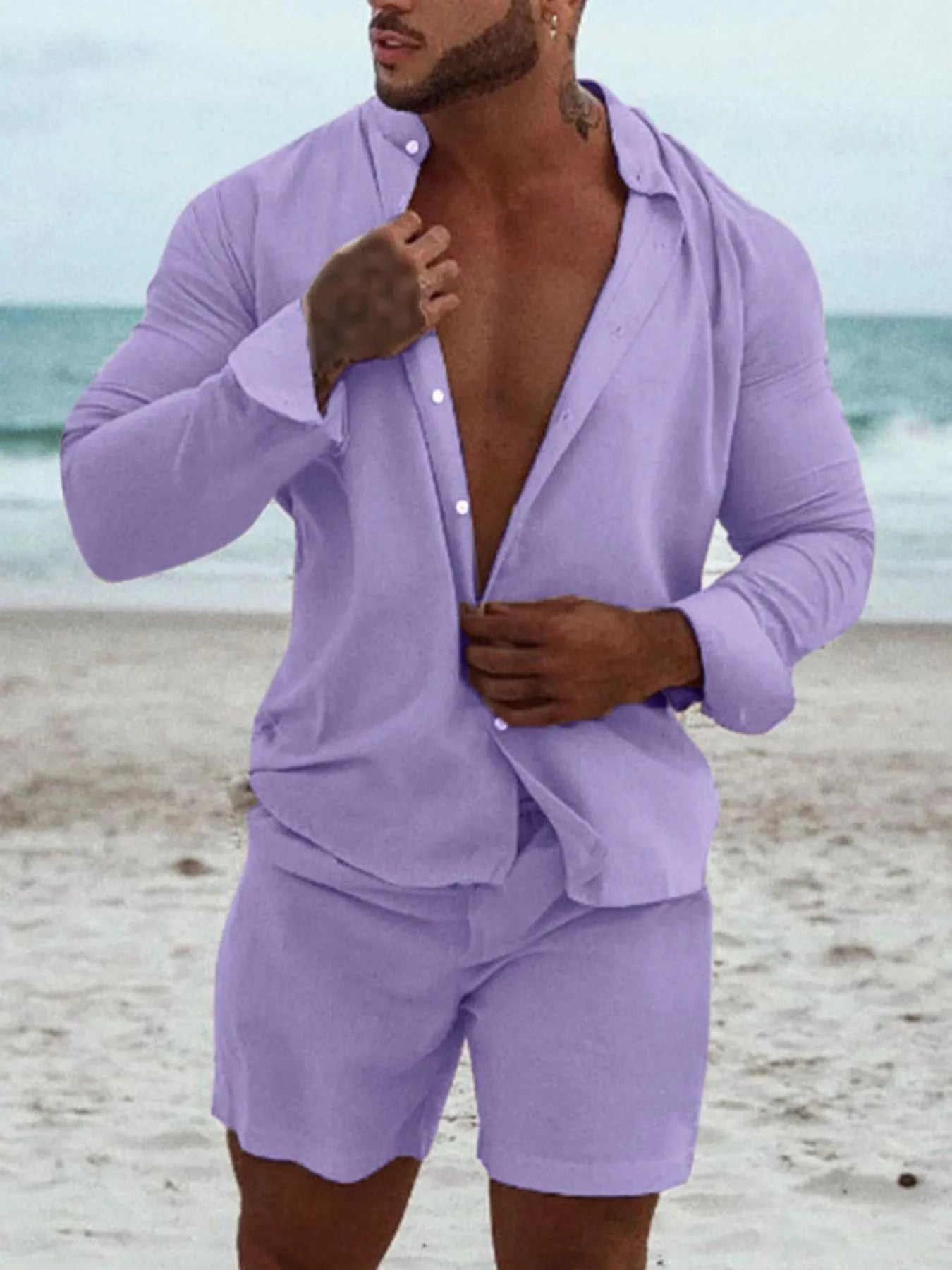 Men's Full Size Button Up Long Sleeve Shirt and Shorts Set Plus Size