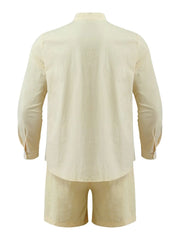 Men's Full Size Button Up Long Sleeve Shirt and Shorts Set Plus Size