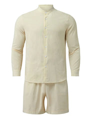 Men's Full Size Button Up Long Sleeve Shirt and Shorts Set Plus Size