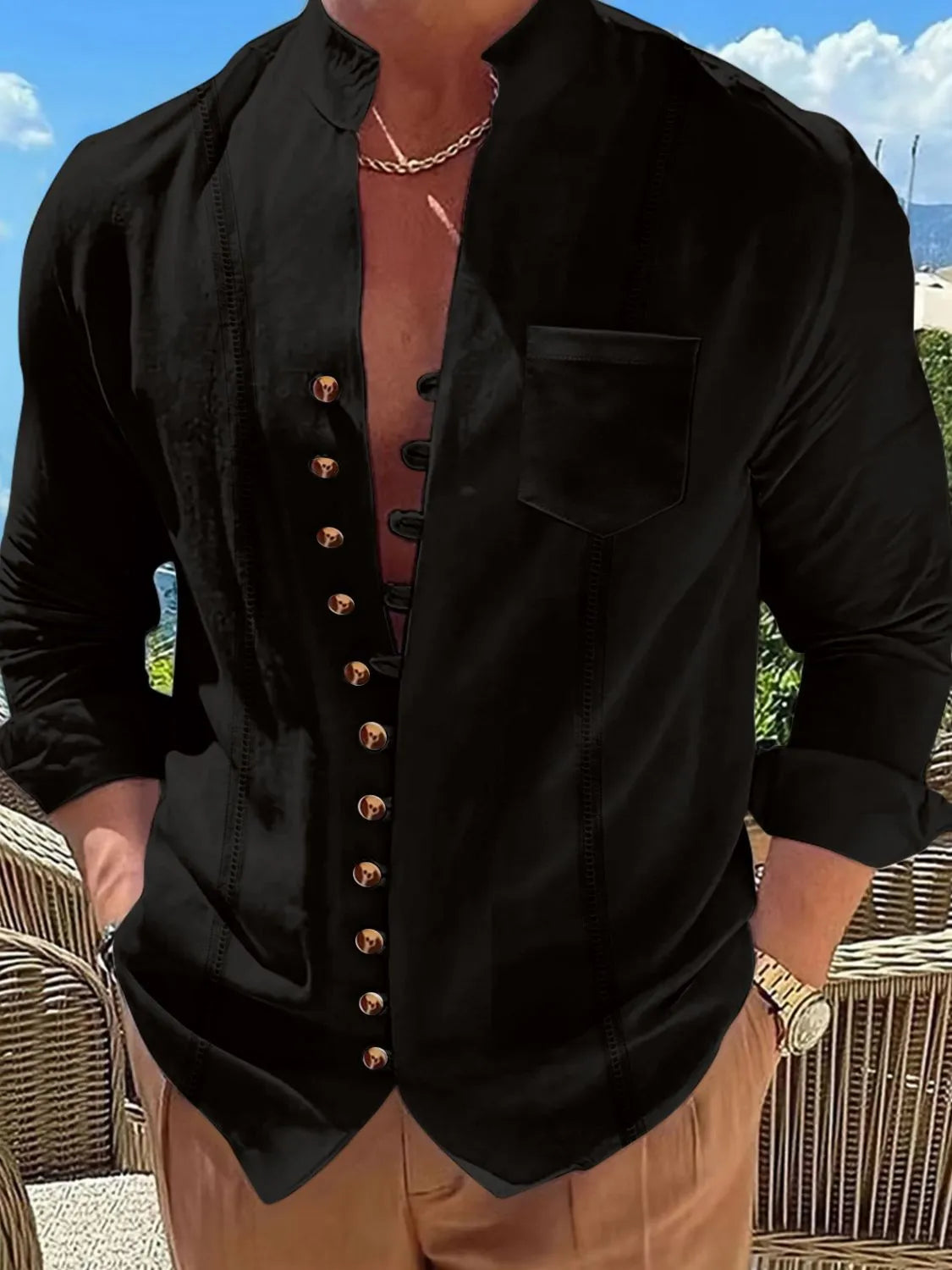 Men's Full Size Button Up Long Sleeve Shirt Plus Size Black / S