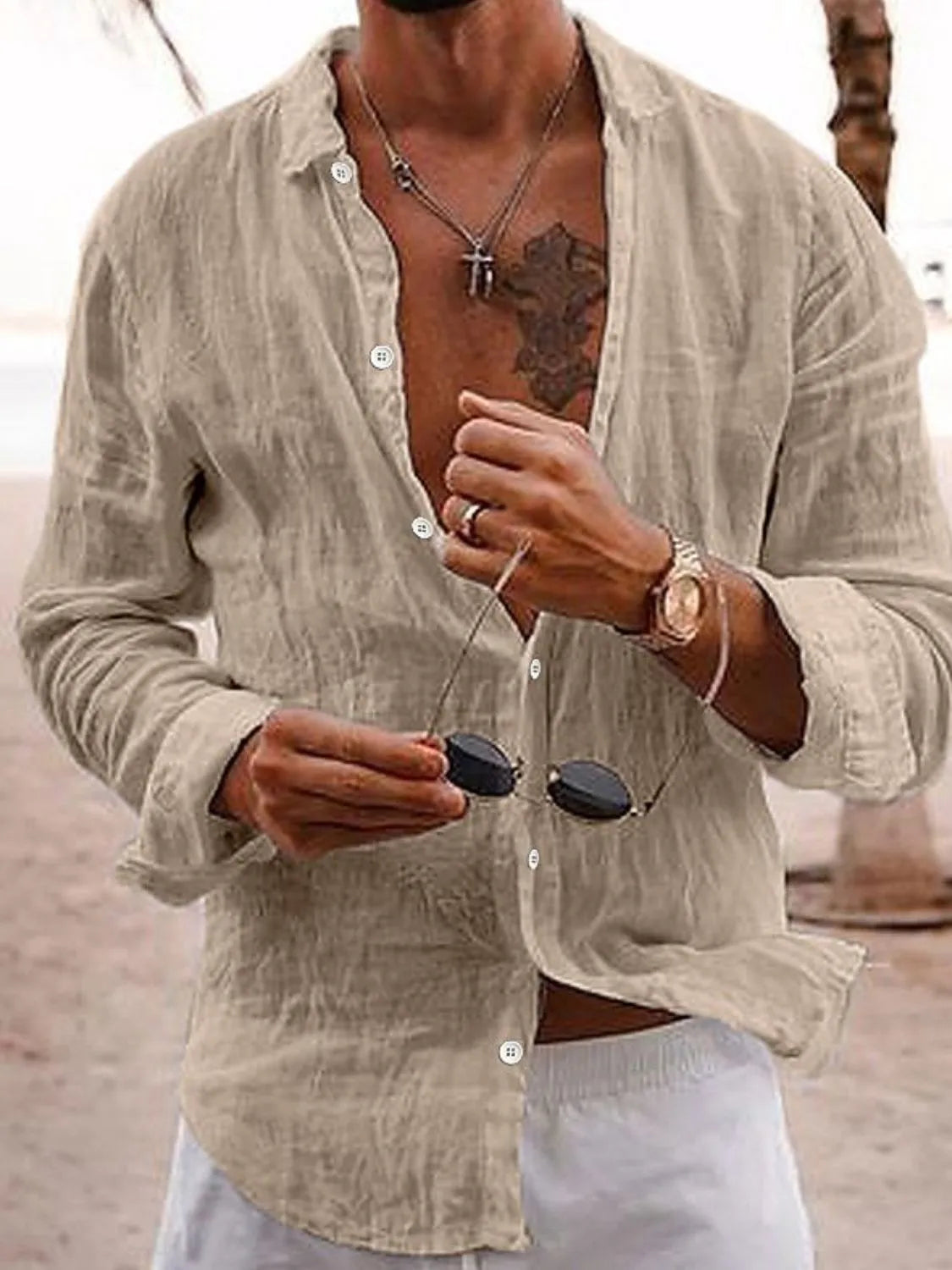 Men's Full Size Button Up Long Sleeve Shirt Plus Size Khaki / S