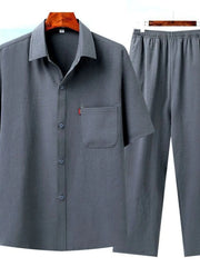 Men's Full Size Button Up Short Sleeve Shirt and Pants Set Plus Size Dark Gray / S