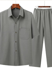 Men's Full Size Button Up Short Sleeve Shirt and Pants Set Plus Size Sage / S