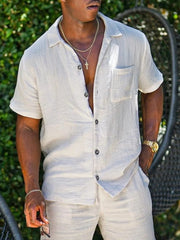 Men's Full Size Button Up Short Sleeve Shirt and Shorts Plus Size White Suit / XS