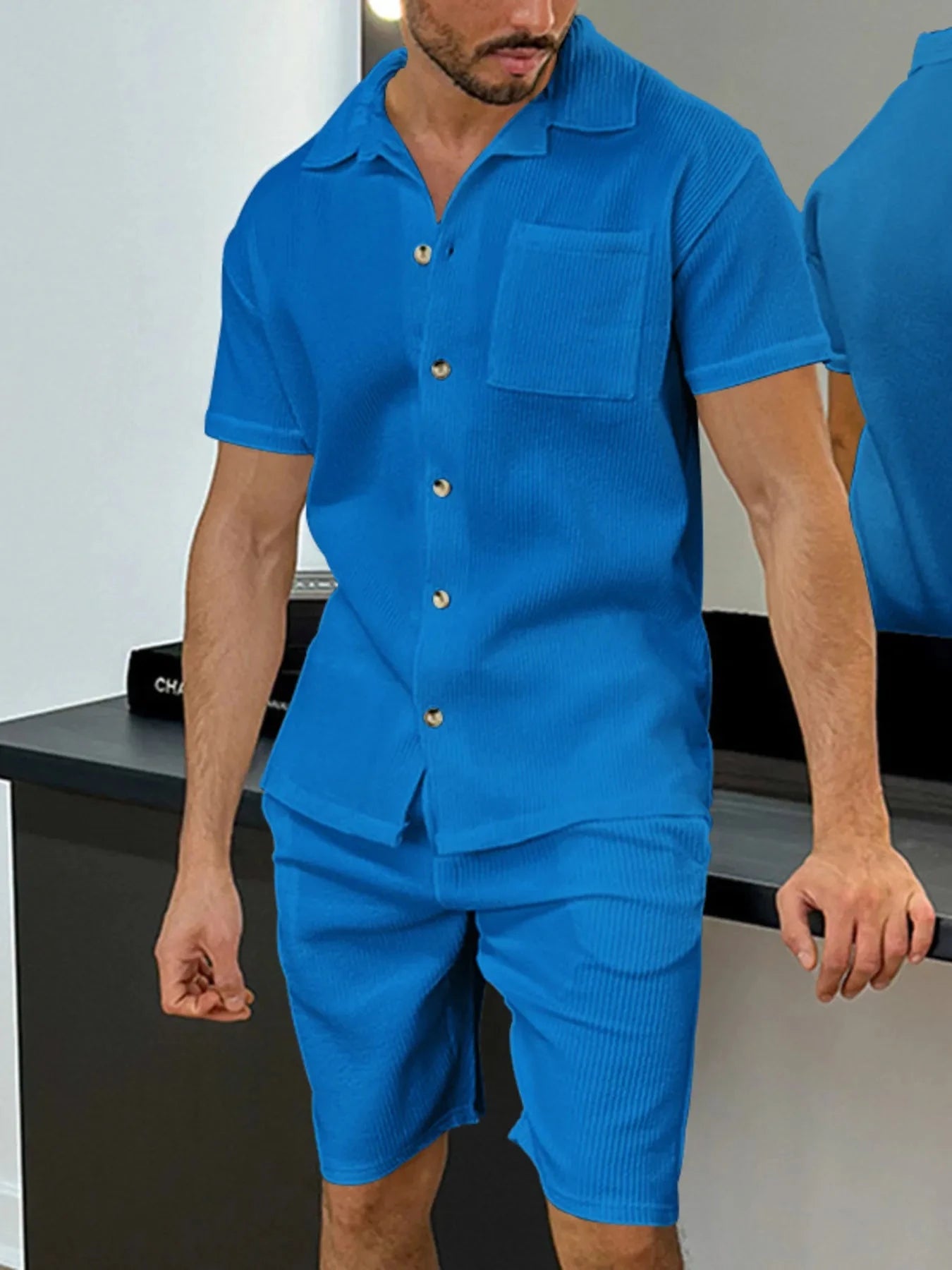 Men's Full Size Button Up Top and Shorts Set Plus Size Blue / S