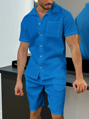 Men's Full Size Button Up Top and Shorts Set Plus Size Blue / S