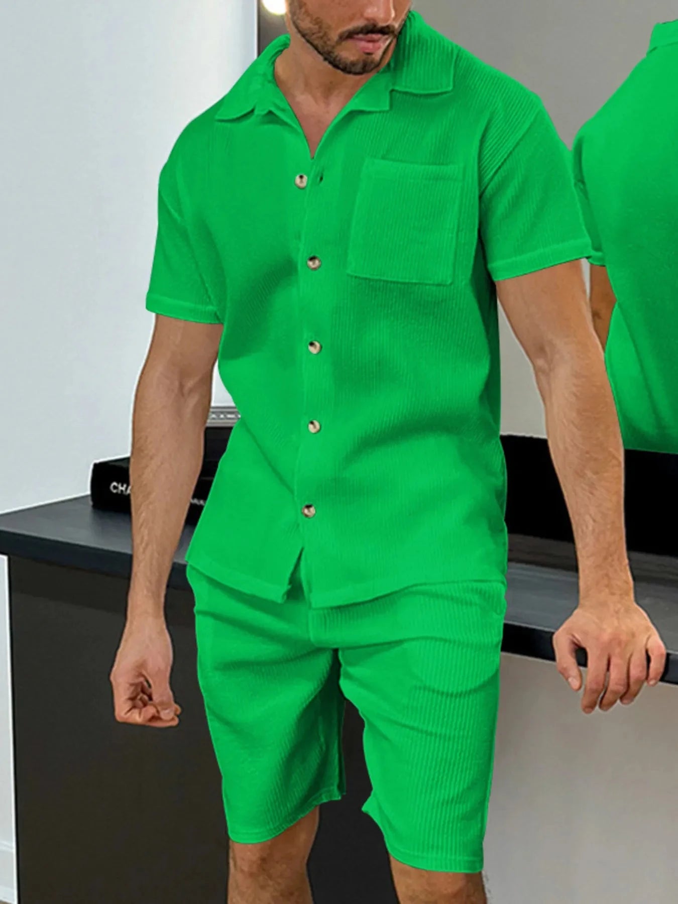 Men's Full Size Button Up Top and Shorts Set Plus Size Green / S