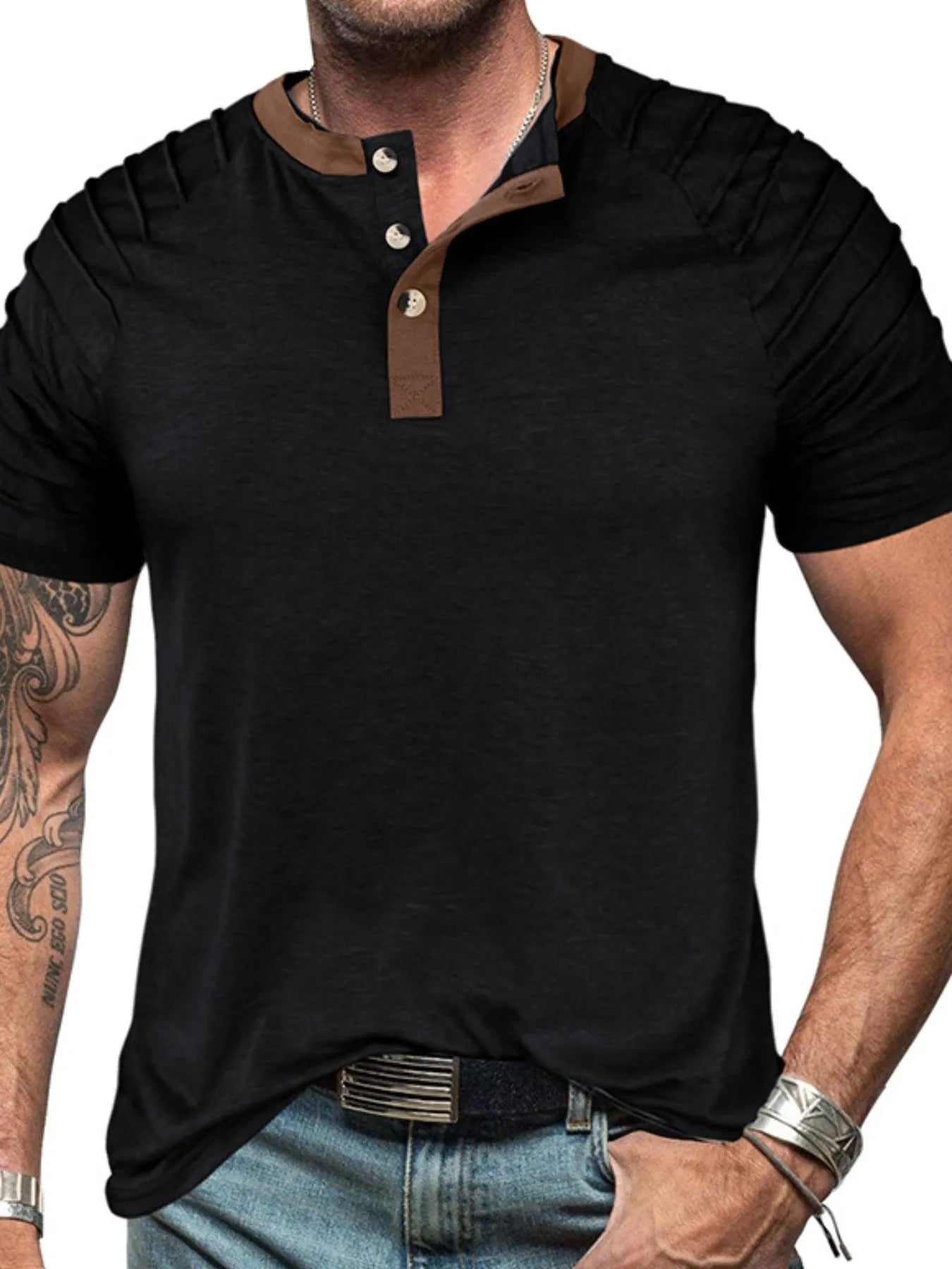 Men's Full Size Casual Henley Short Sleeve Top with Contrast Collar Plus Size Black / S
