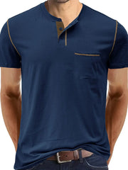Men's Full Size Casual Henley T-Shirt with Contrast Stitching and Pocket Plus Size Navy / S