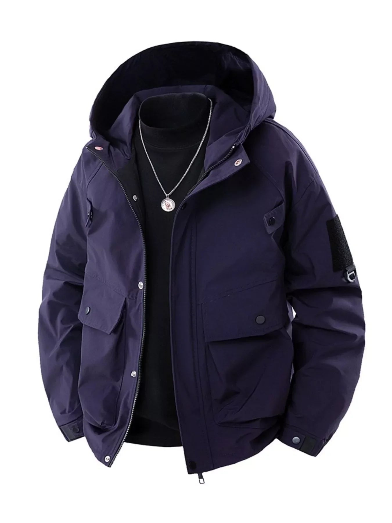 Men's Full Size Casual Hooded Cargo Jacket Plus Size Deep Purple / S