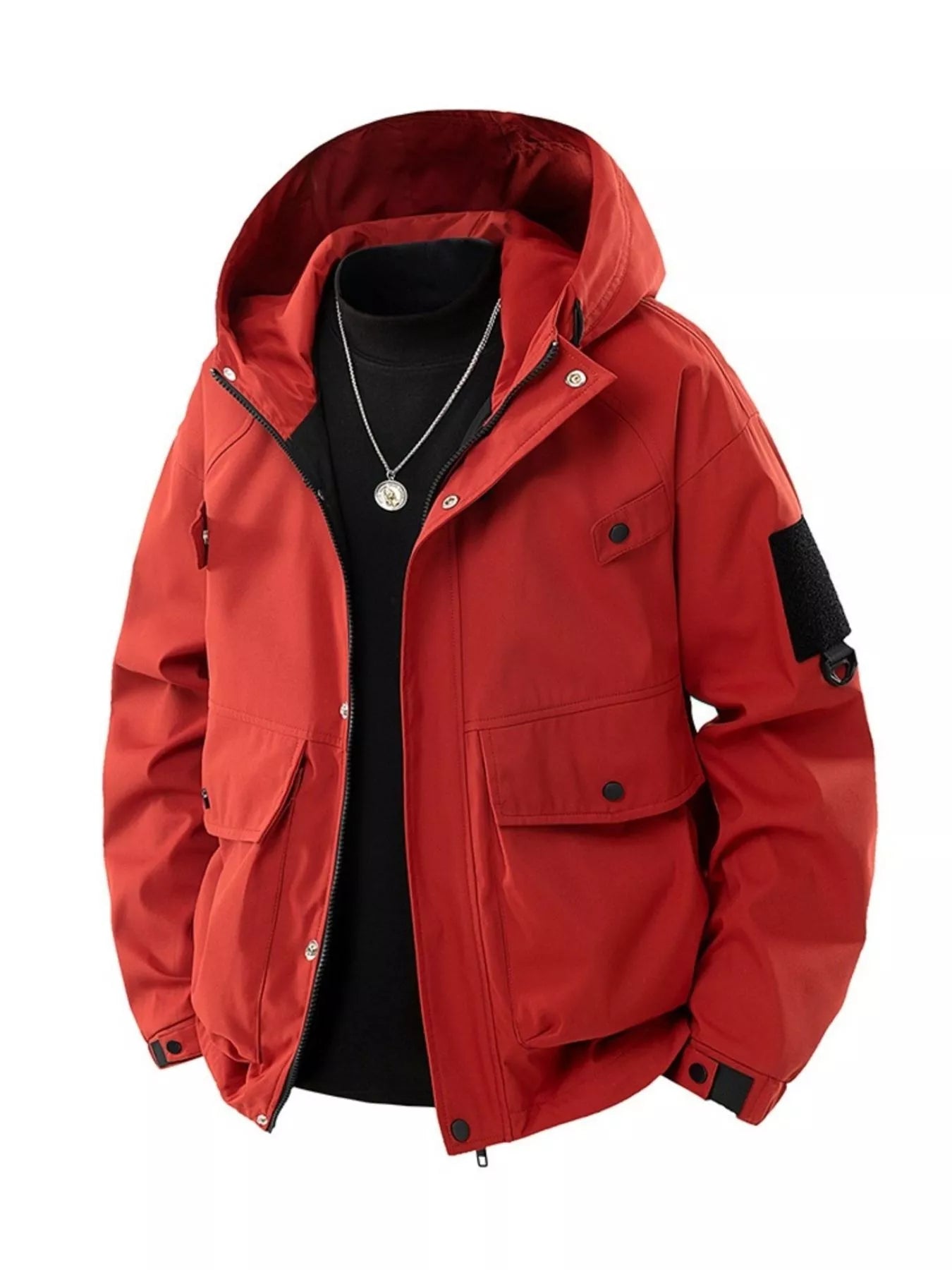 Men's Full Size Casual Hooded Cargo Jacket Plus Size Deep Red / S