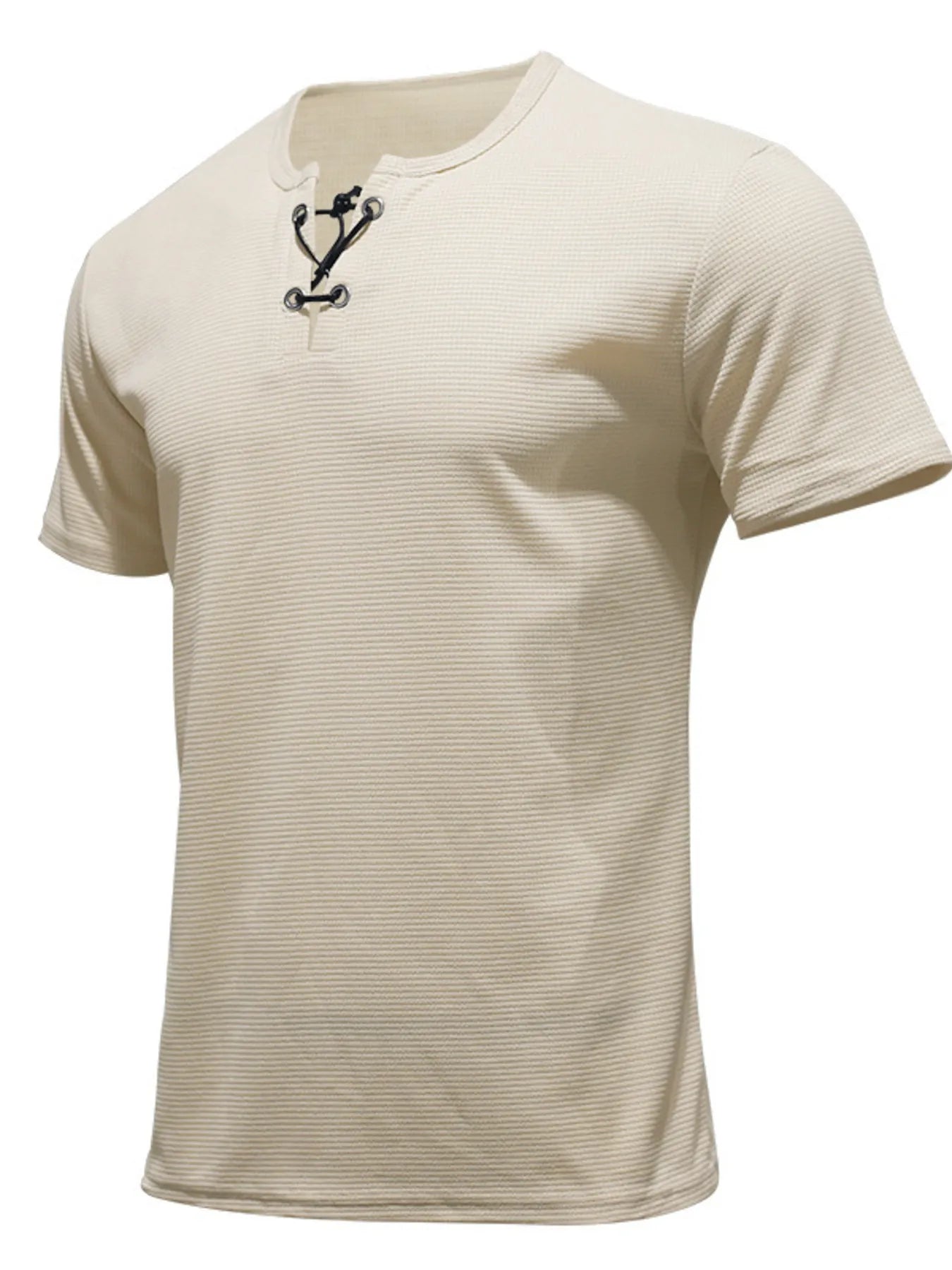 Men's Full Size Casual Lace-Up Henley T-Shirt Plus Size Apricot / S
