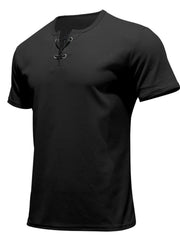 Men's Full Size Casual Lace-Up Henley T-Shirt Plus Size Black / S