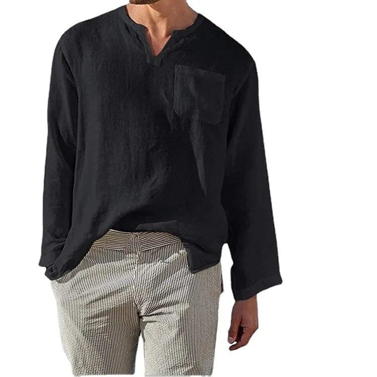 Men's Full Size Casual Notched Linen Long Sleeve Top Plus Size Black / S