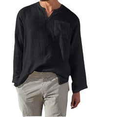 Men's Full Size Casual Notched Linen Long Sleeve Top Plus Size Black / S