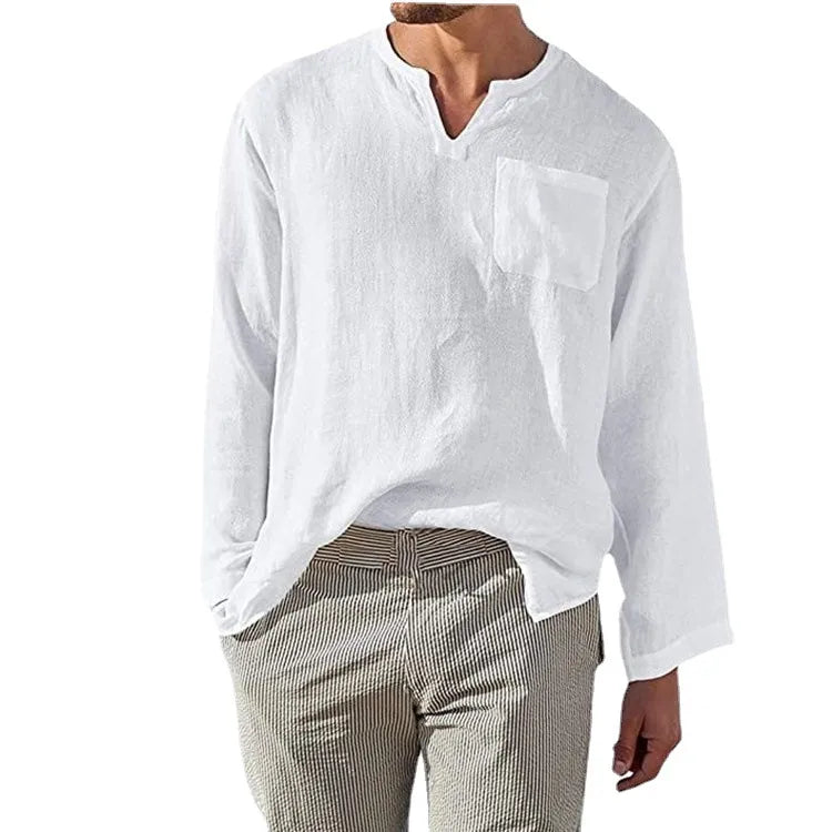 Men's Full Size Casual Notched Linen Long Sleeve Top Plus Size White / S