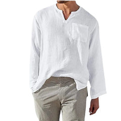 Men's Full Size Casual Notched Linen Long Sleeve Top Plus Size White / S