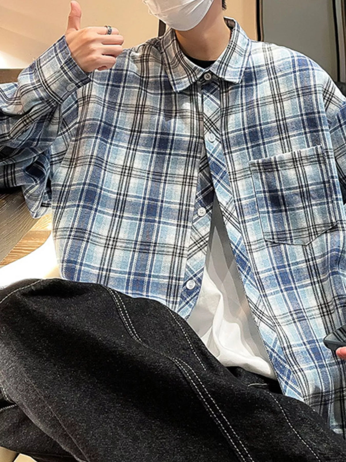 Men's Full Size Casual Plaid Long Sleeve Shirt Plus Size Blue / S