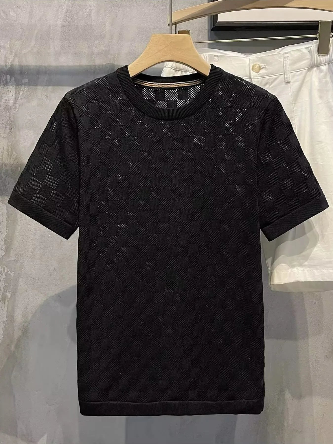 Men's Full Size Checkered Round Neck Short Sleeve T-Shirt Plus Size Black / S