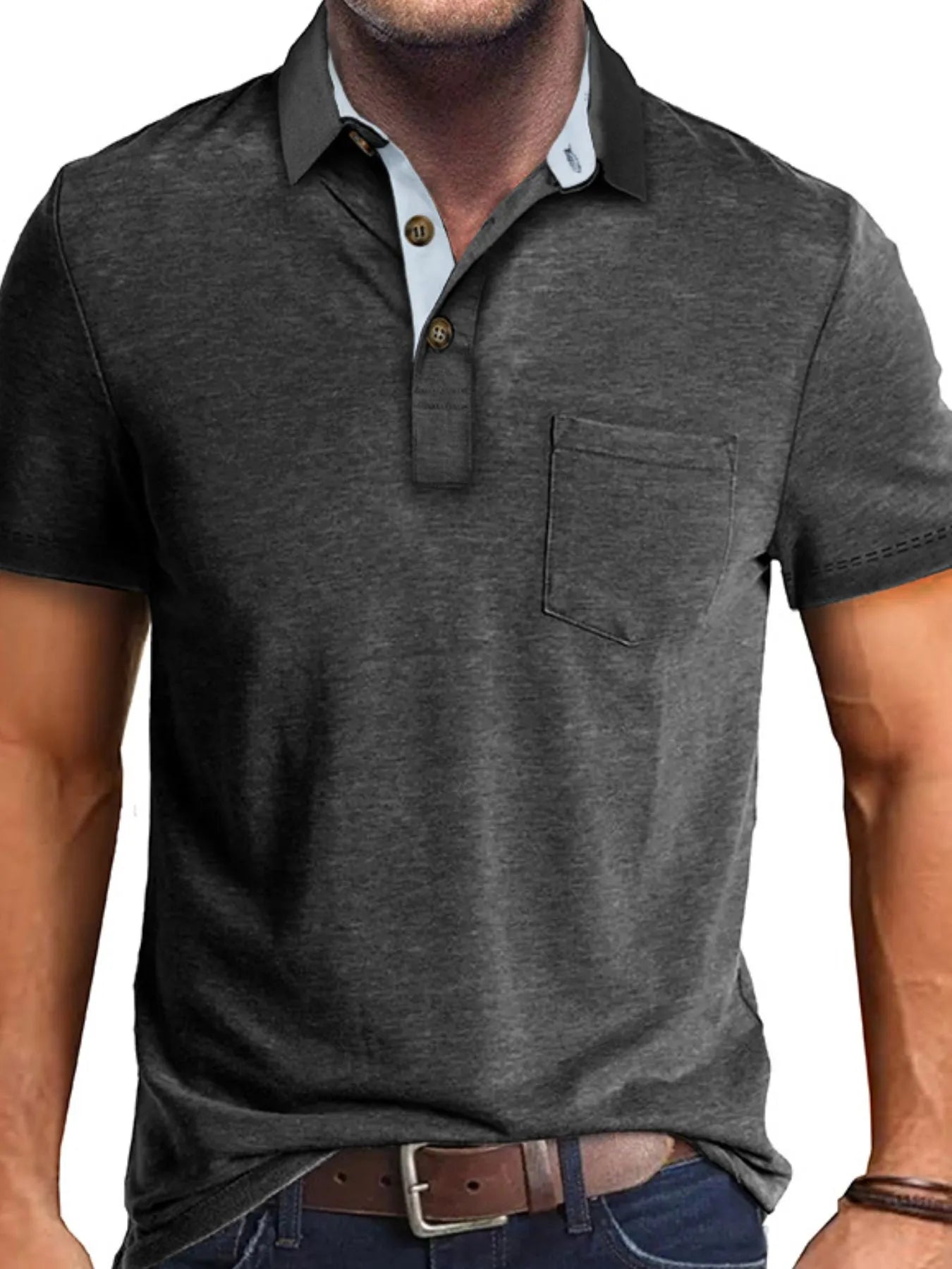 Men's Full Size Classic Heathered Pocket Polo Shirt Plus Size Dark Gray / S