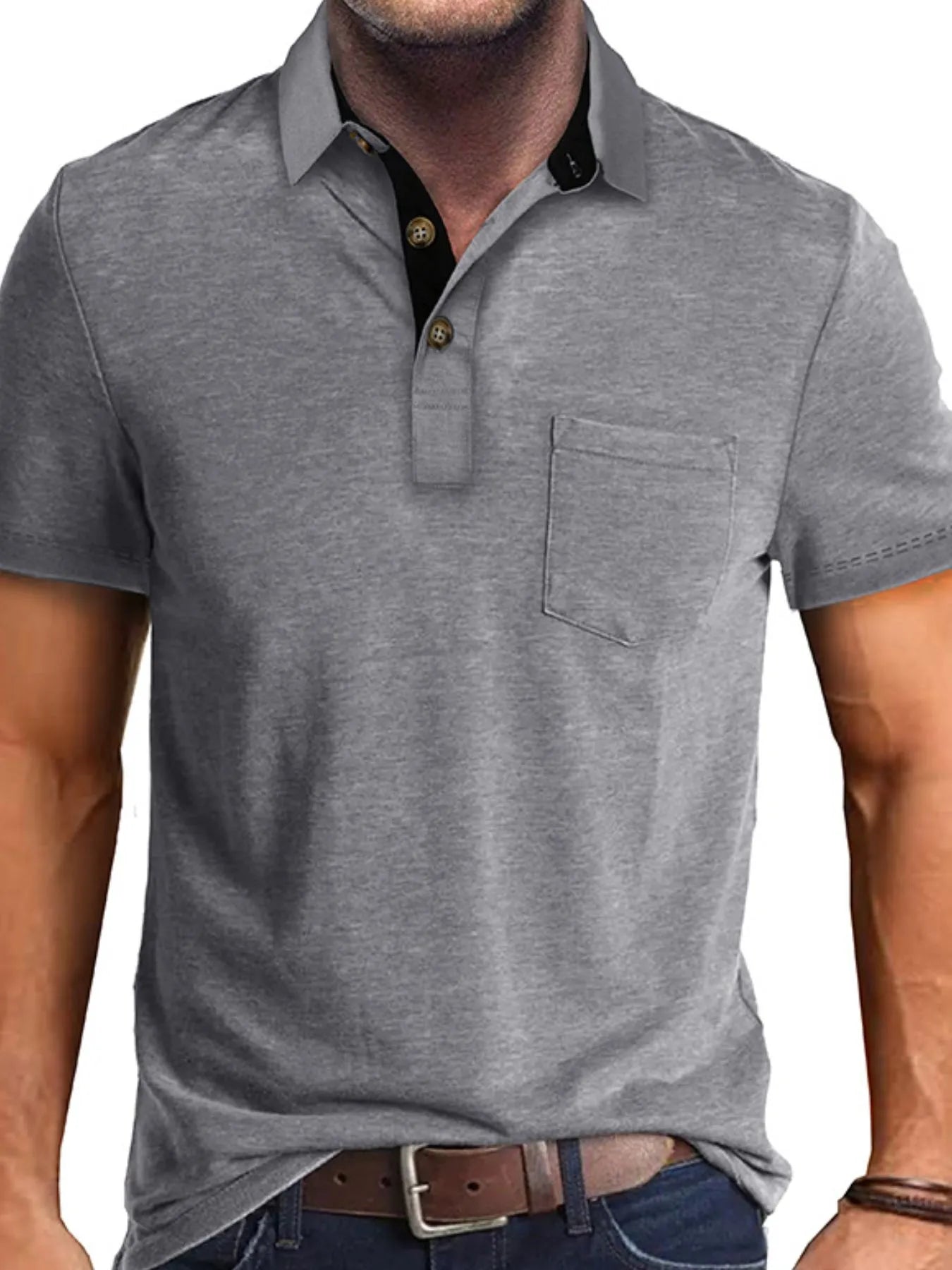 Men's Full Size Classic Heathered Pocket Polo Shirt Plus Size Gray / S