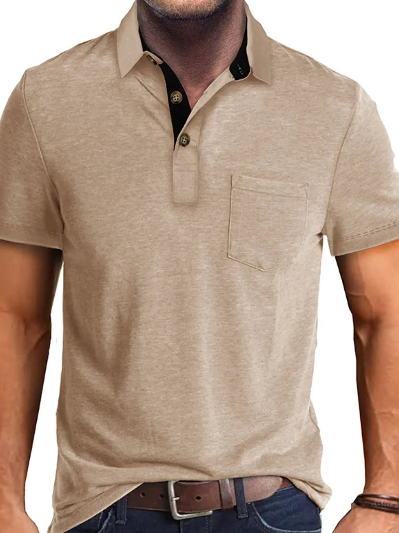 Men's Full Size Classic Heathered Pocket Polo Shirt Plus Size Tan / S