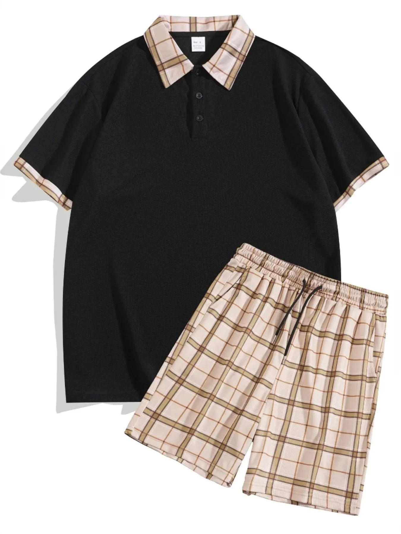 Men's Full Size Classic Plaid Collar Polo and Shorts Set Plus Size Black / S