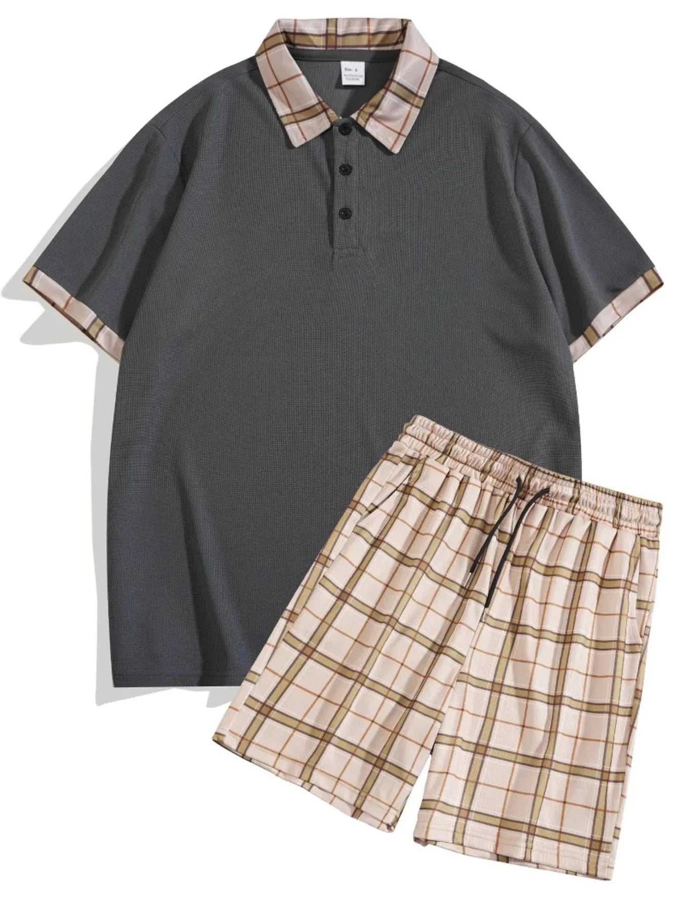 Men's Full Size Classic Plaid Collar Polo and Shorts Set Plus Size Dark Gray / S