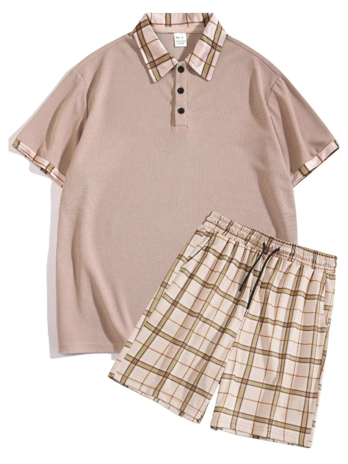 Men's Full Size Classic Plaid Collar Polo and Shorts Set Plus Size Khaki / S