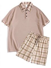 Men's Full Size Classic Plaid Collar Polo and Shorts Set Plus Size Khaki / S
