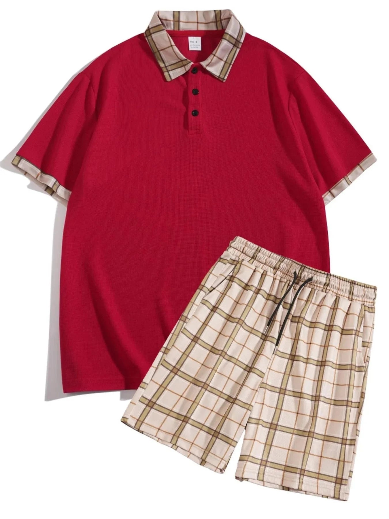 Men's Full Size Classic Plaid Collar Polo and Shorts Set Plus Size Red / S
