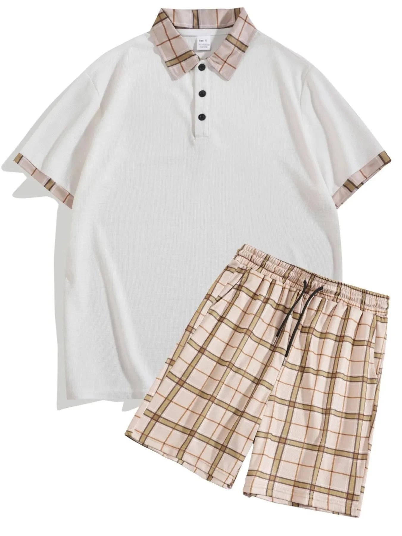 Men's Full Size Classic Plaid Collar Polo and Shorts Set Plus Size White / S
