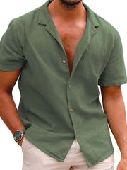 Men's Full Size Classic Short Sleeve Button Down Linen Shirt Plus Size Moss / S