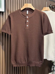 Men's Full Size Classic Short Sleeve Knit T-Shirt with Button Detail Plus Size Brown / S