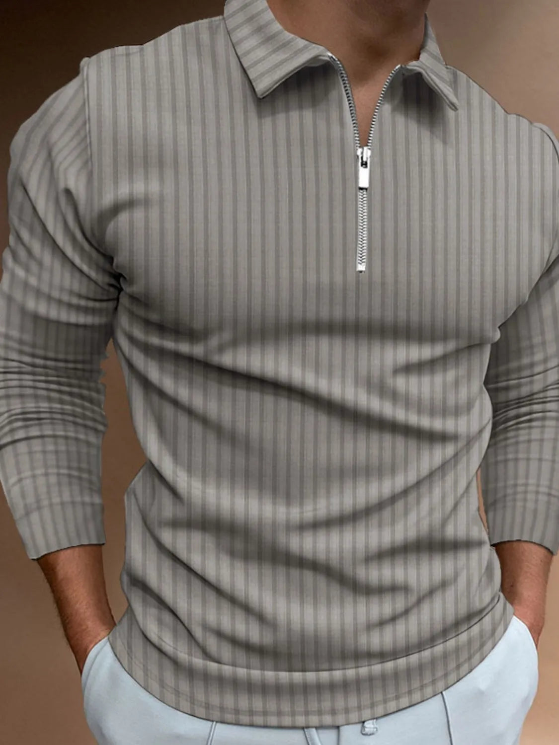 Men‘s Full Size Collared Neck Long Sleeve Polo Plus Size Gray / S