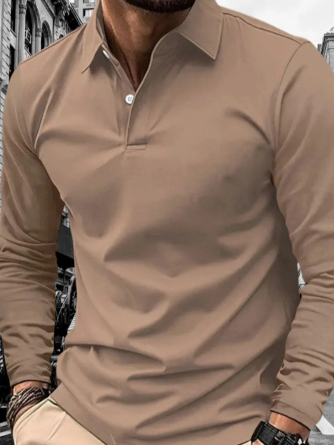 Men's Full Size Collared Neck Long Sleeve Polo Plus Size Taupe / M