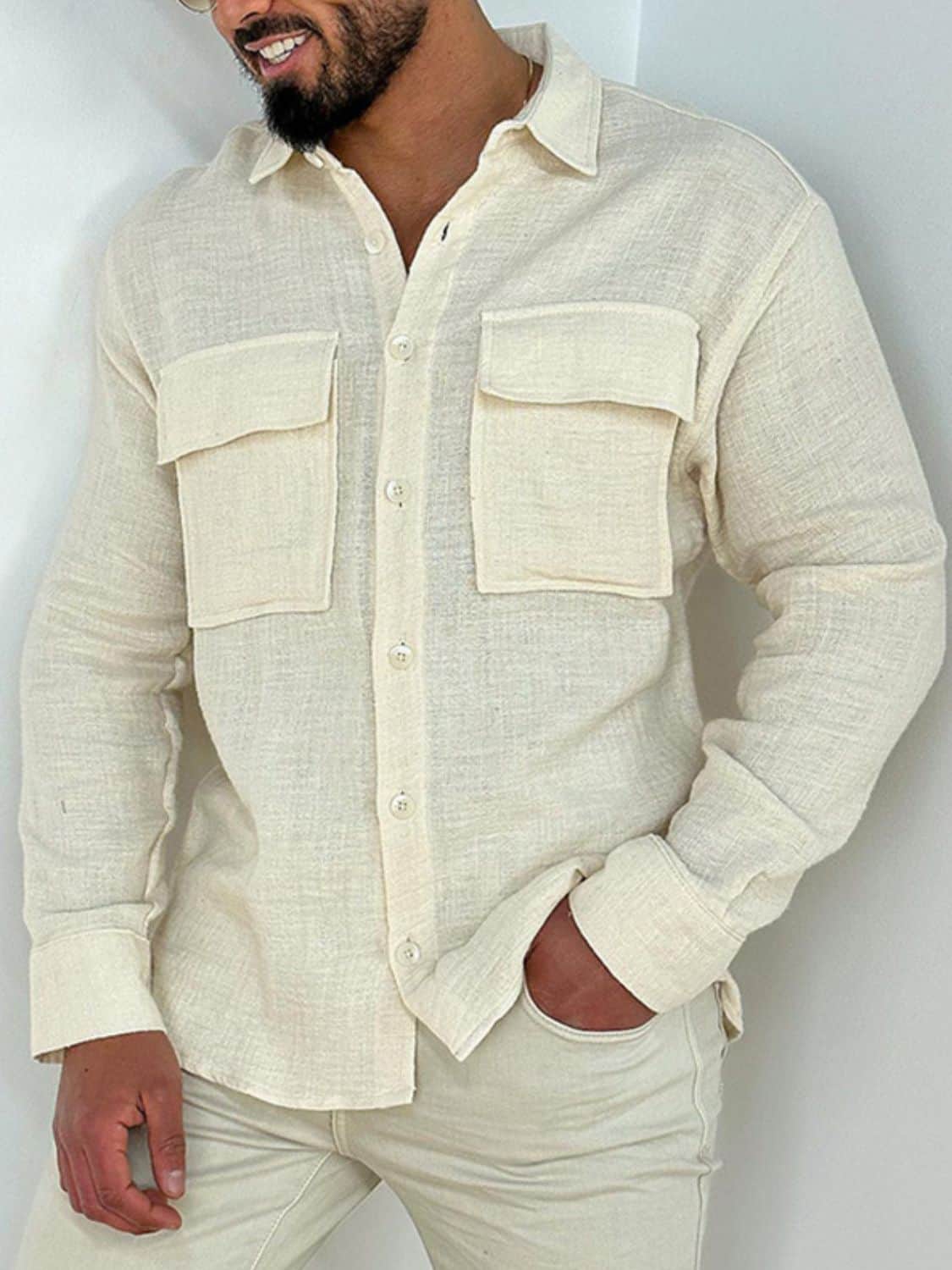 Men's Full Size Collared Neck Long Sleeve Shirt with Chest Pockets Plus Size Beige / L