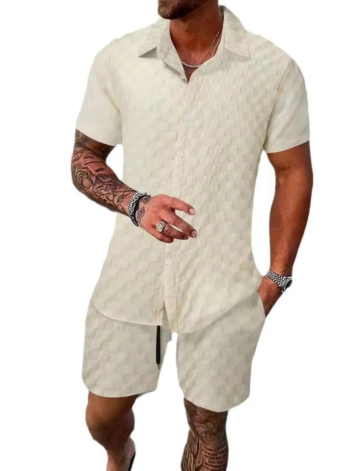 Men's Full Size Collared Neck Short Sleeve Top and Shorts Set Plus Size