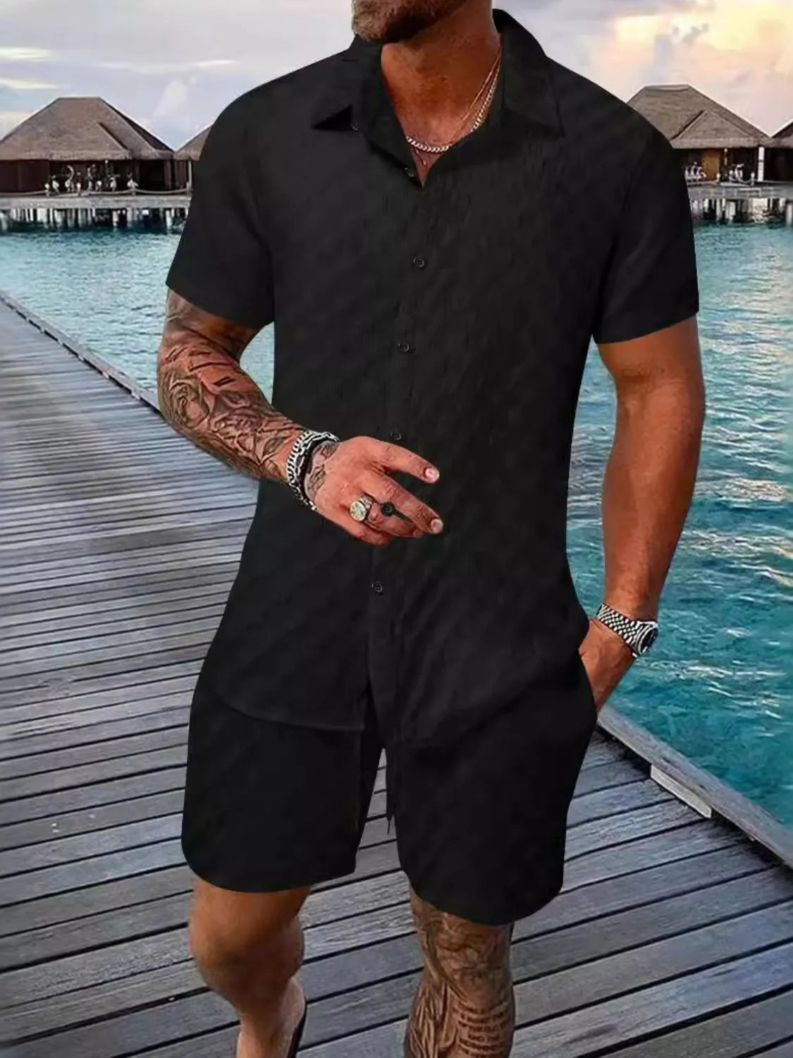 Men's Full Size Collared Neck Short Sleeve Top and Shorts Set Plus Size Black / S