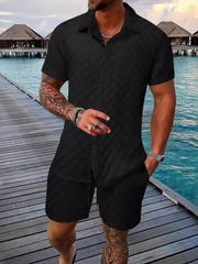 Men's Full Size Collared Neck Short Sleeve Top and Shorts Set Plus Size Black / S