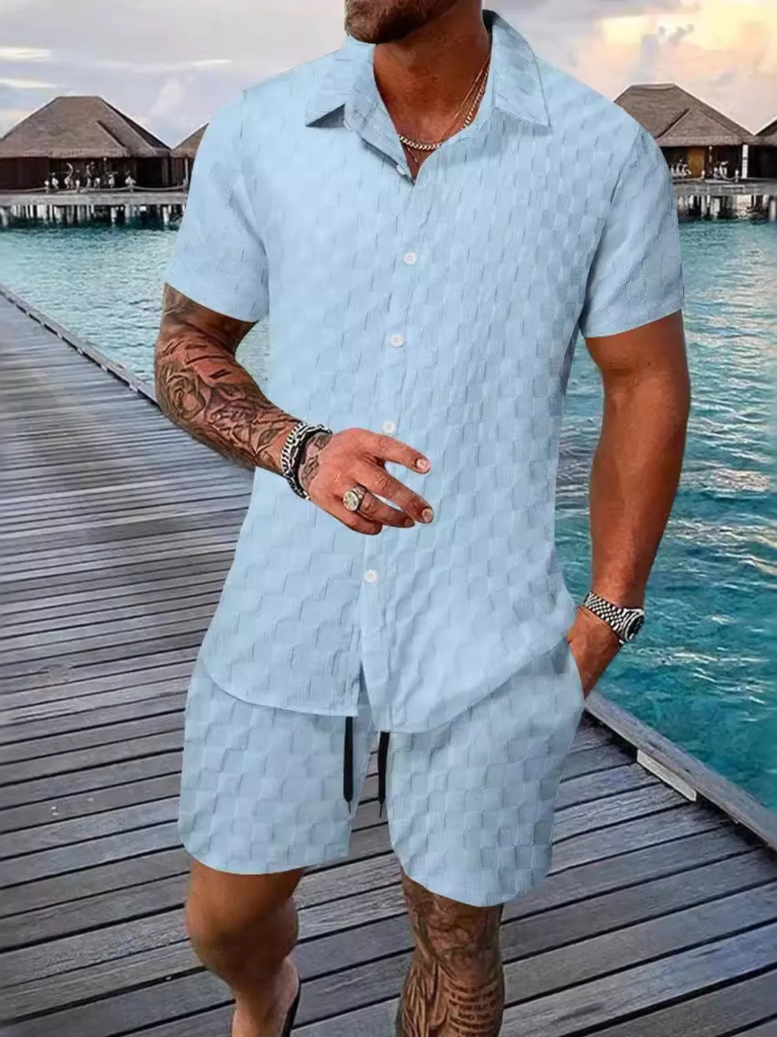 Men's Full Size Collared Neck Short Sleeve Top and Shorts Set Plus Size Light Blue / S