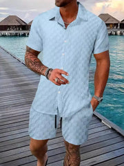 Men's Full Size Collared Neck Short Sleeve Top and Shorts Set Plus Size Light Blue / S