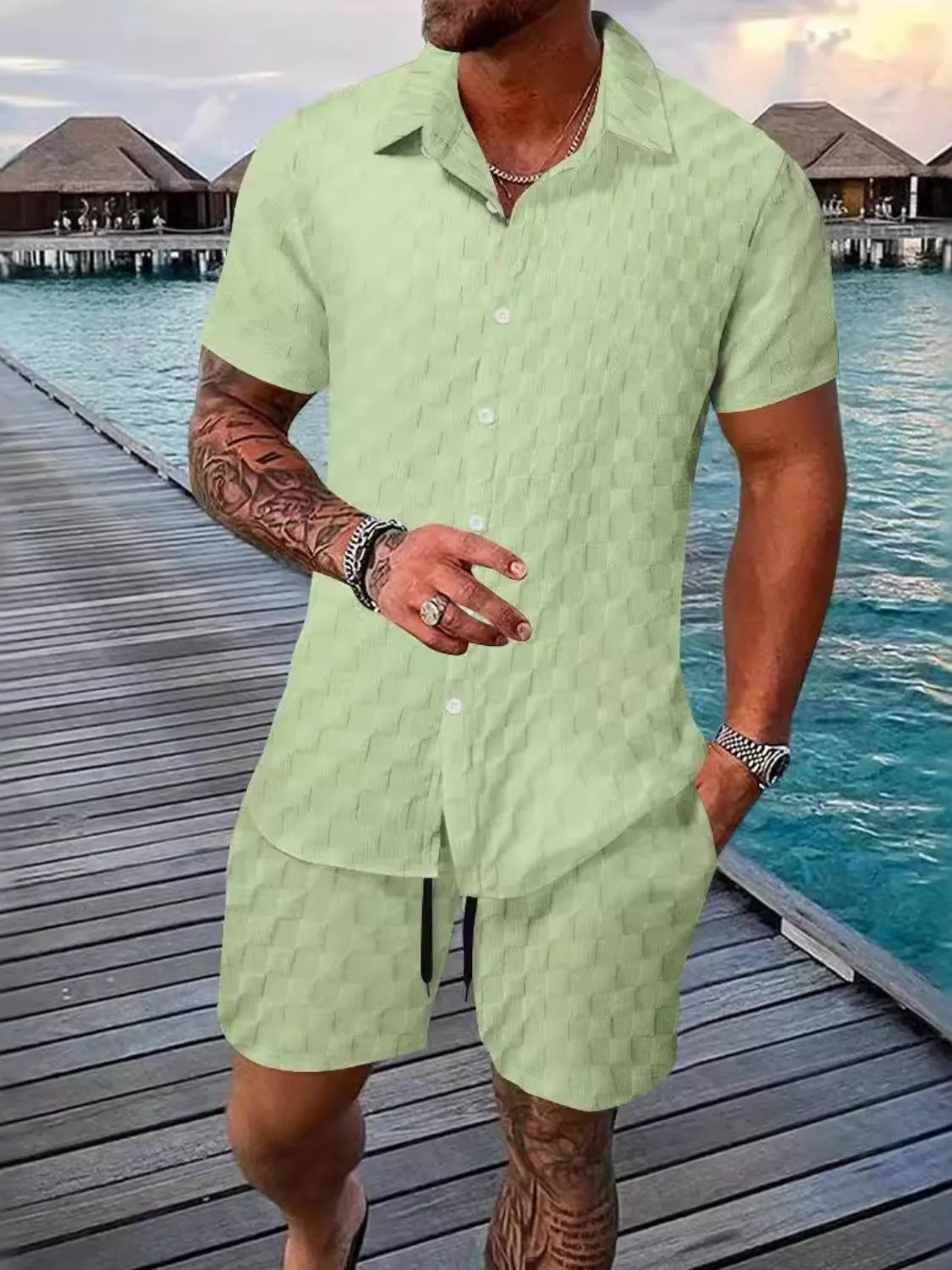 Men's Full Size Collared Neck Short Sleeve Top and Shorts Set Plus Size Light Green / S