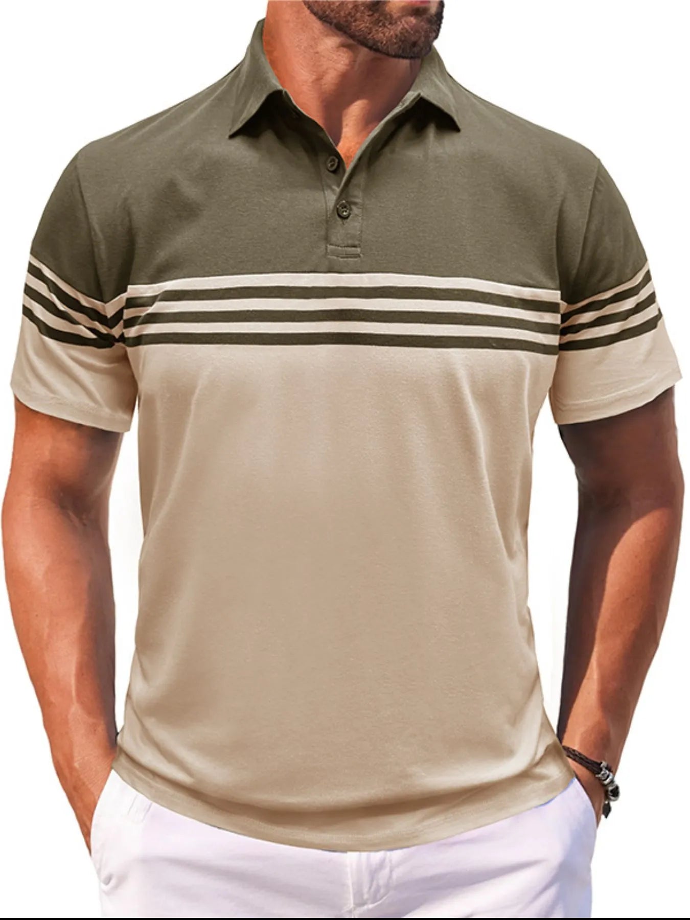 Men's Full Size Color Block Striped Polo Shirt Plus Size Army Green / S