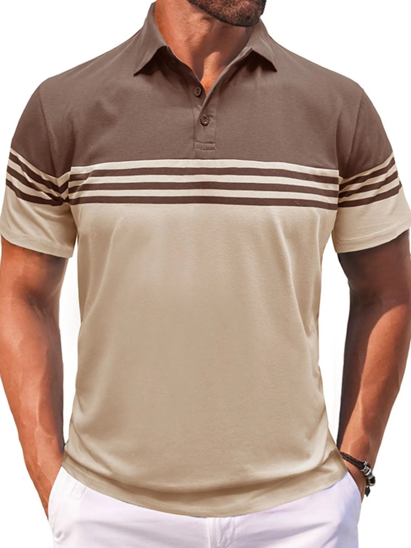 Men's Full Size Color Block Striped Polo Shirt Plus Size Taupe / S