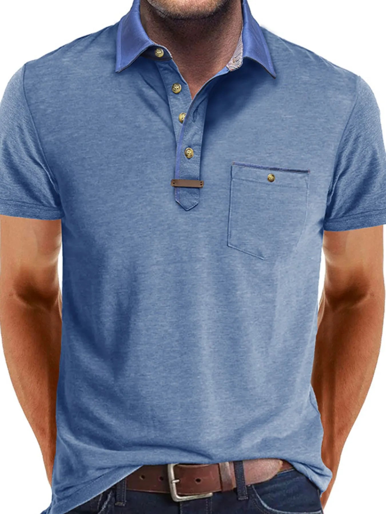 Men's Full Size Contrast Collar Pocket Polo Shirt Plus Size Light Blue / S
