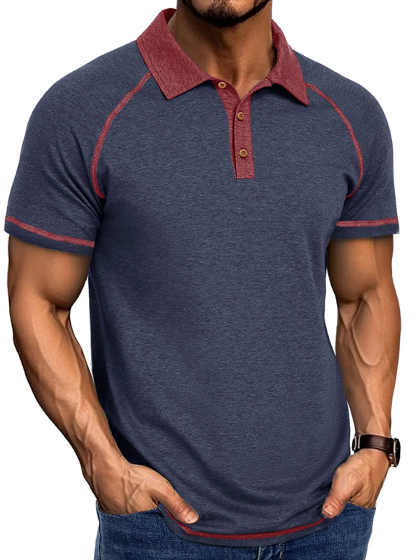 Men's Full Size Contrast Collar Short Sleeve Polo Shirt Plus Size Navy / S
