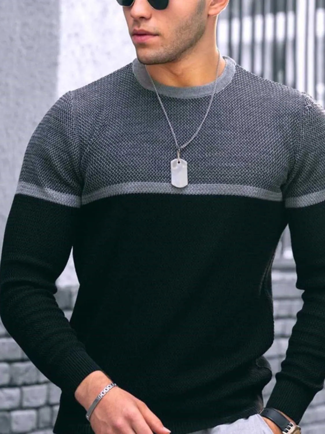 Men's Full Size Contrast Round Neck Long Sleeve T-Shirt Black / S
