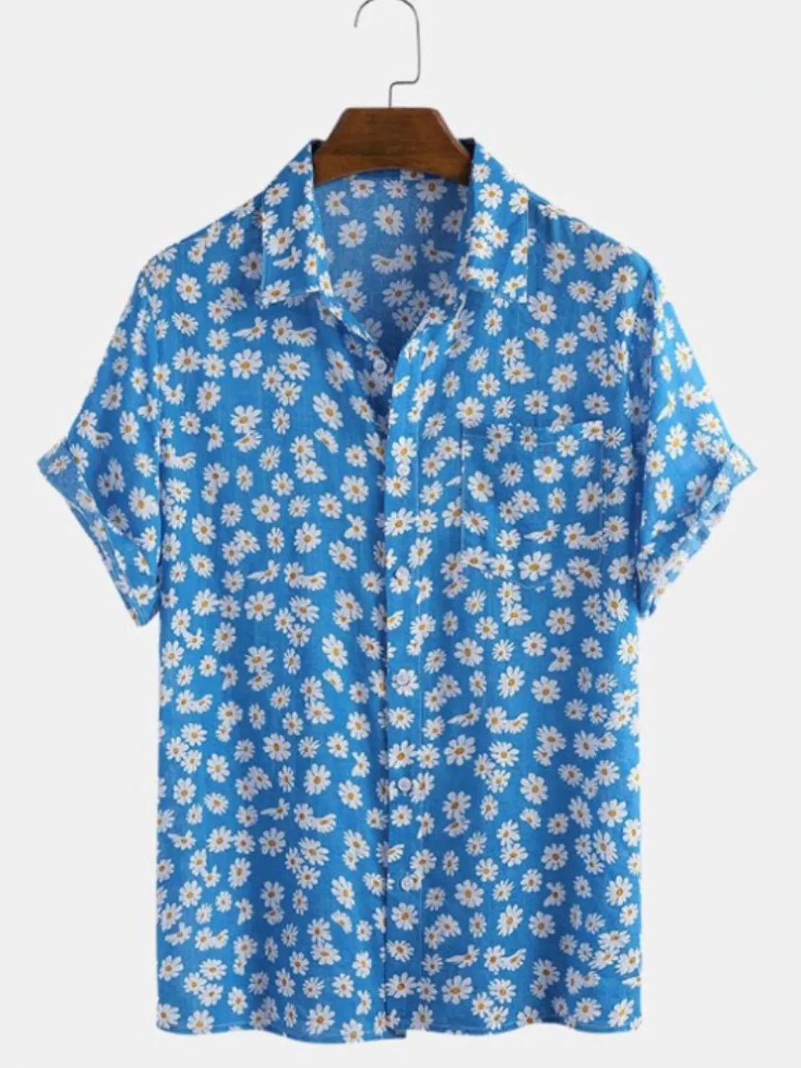 Men's Full Size Daisy Print Button Up Shirt Plus Size Light Blue / S
